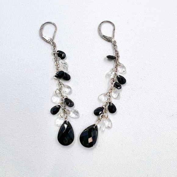 Jewelry - NWOT – Silver Tone Black and Crystal Teardrop Beaded Dangle Leverback Earrings